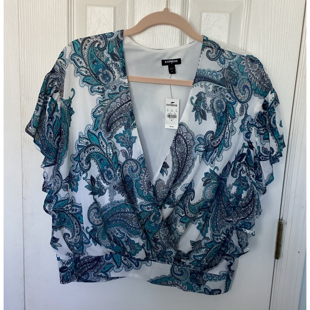 Express White Blue Teal Paisley Print Ruffle Sleeve Deep V Tunic Blouse Med NWT